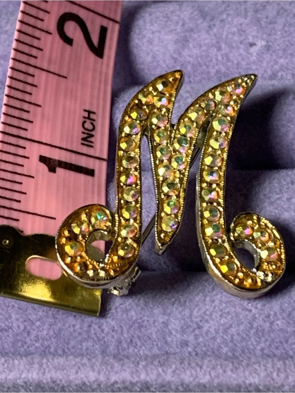 Vintage Rhinestone Initial M Brooch, Cursive Script
